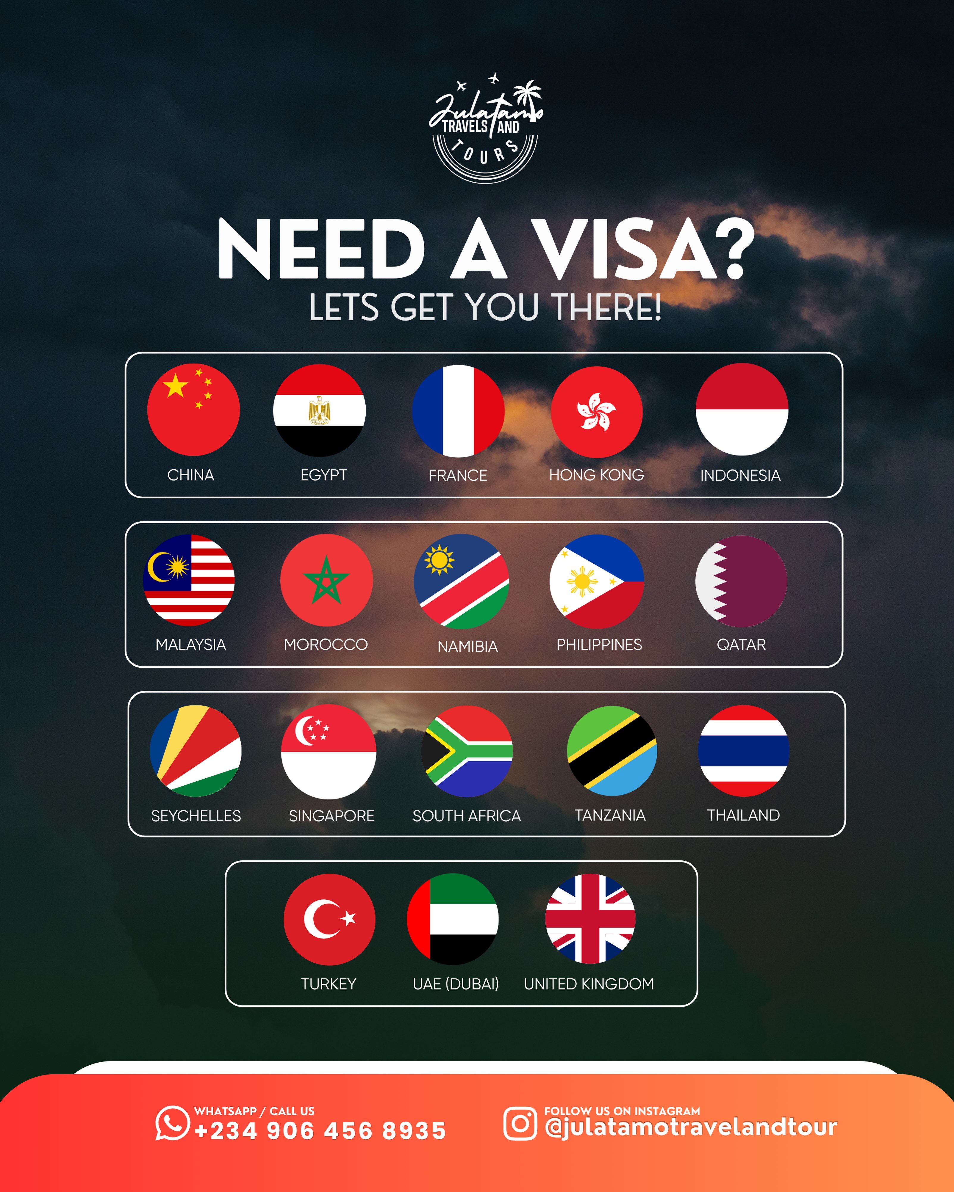 Julatamo Travels and Tours visa destinations flyer, listing countries including China, Egypt, France, UAE and the United Kingdom